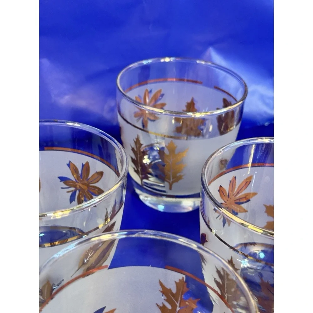 Set of 8 Libbey Golden Foliage Lowball Glasses Gold Rim Frosted 3